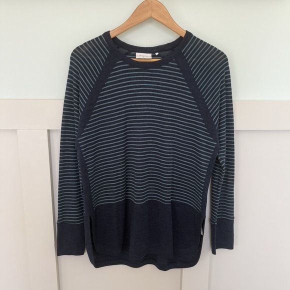 Foil Sweaters - Foil 100% Merino Wool Sweater Women's SM Navy Blue Striped Scandi Elevated Basic